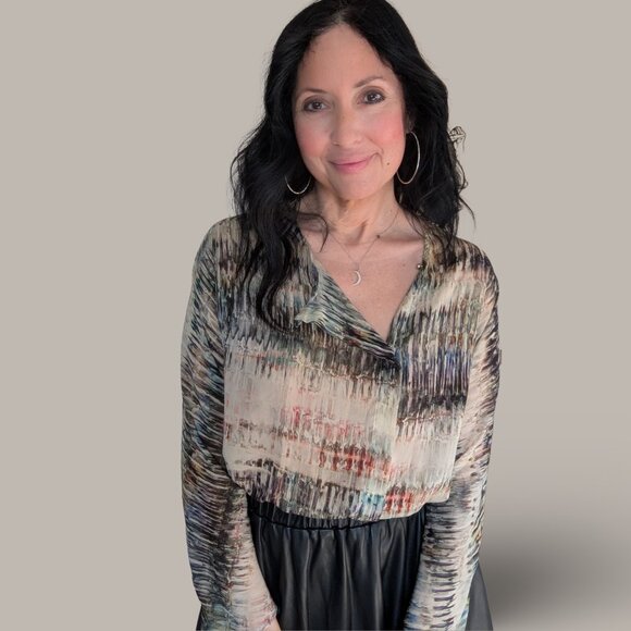 Zara Semi-Sheer Long Sleeve Blouse - Neutral Watercolor Print - Size Small - Picture 5 of 9